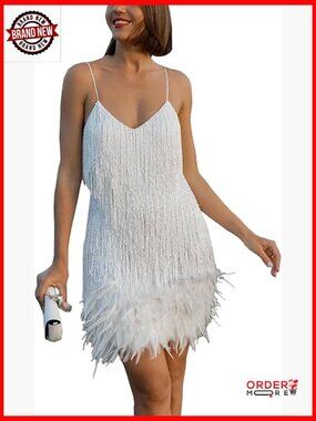 Sequin Flapper Dress Sleeveless Feather Fringe Mini Party Dress